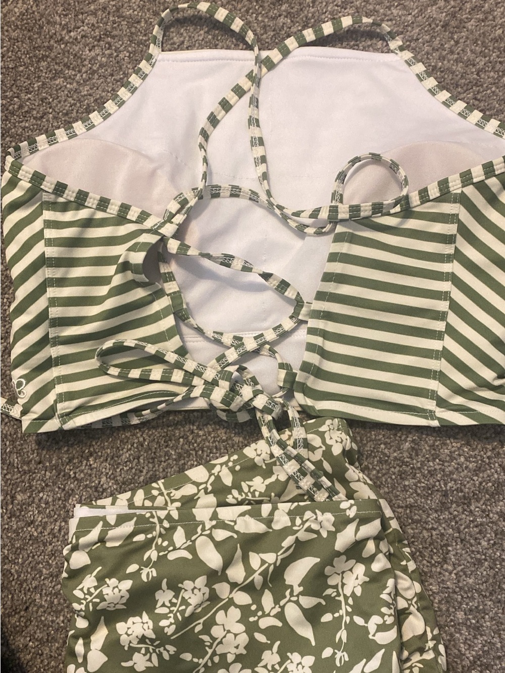 High-Neck Olive Green Floral & Stripe Bikini Set - Picture 2 of 2